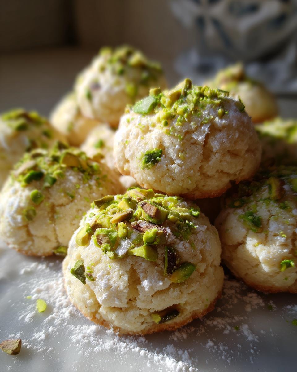 A close-up stack of light, crumbly Pistachio Wedding Cookies dusted with powdered sugar and topped with chopped green pistachios.