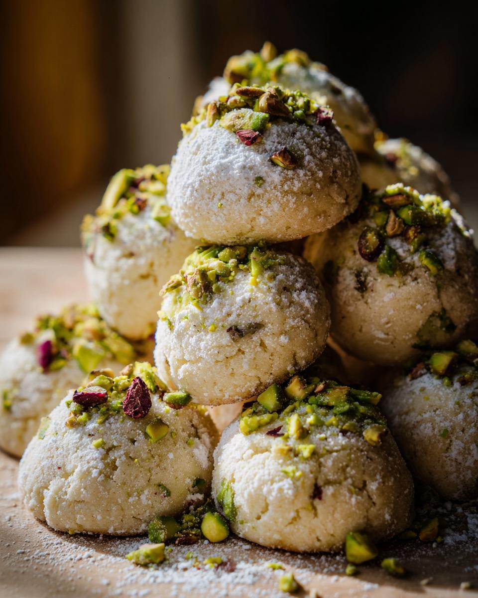 A close-up stack of round Pistachio Wedding Cookies generously dusted with powdered sugar and topped with chopped green pistachios.