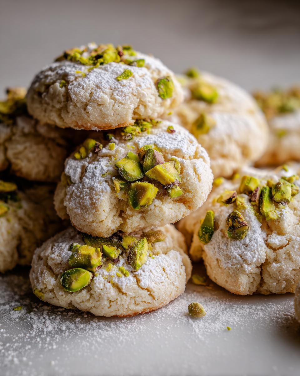 A close-up stack of soft Pistachio Wedding Cookies dusted heavily with powdered sugar and topped with chopped green pistachios.