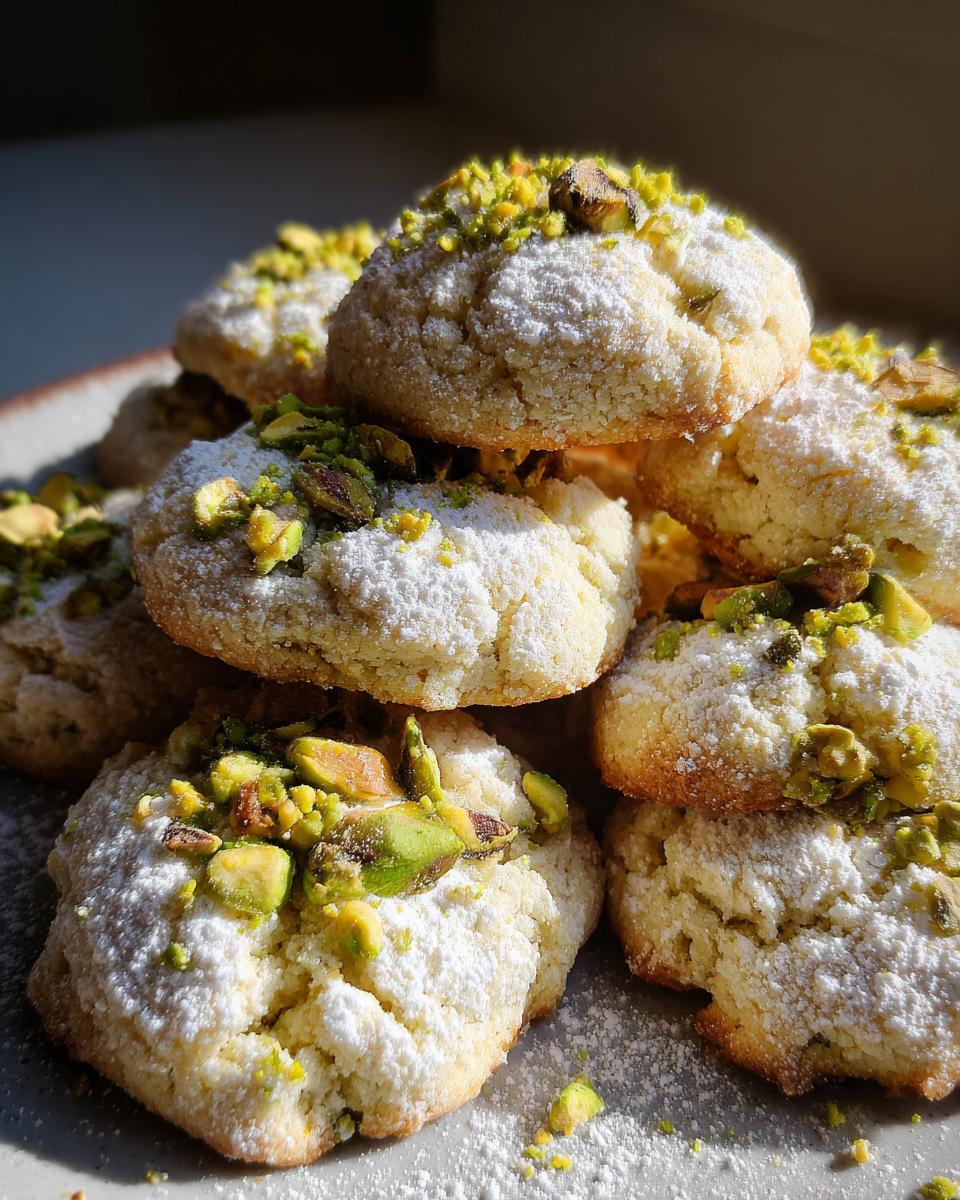 A close-up stack of soft Pistachio Wedding Cookies dusted heavily with powdered sugar and topped with chopped green pistachios.