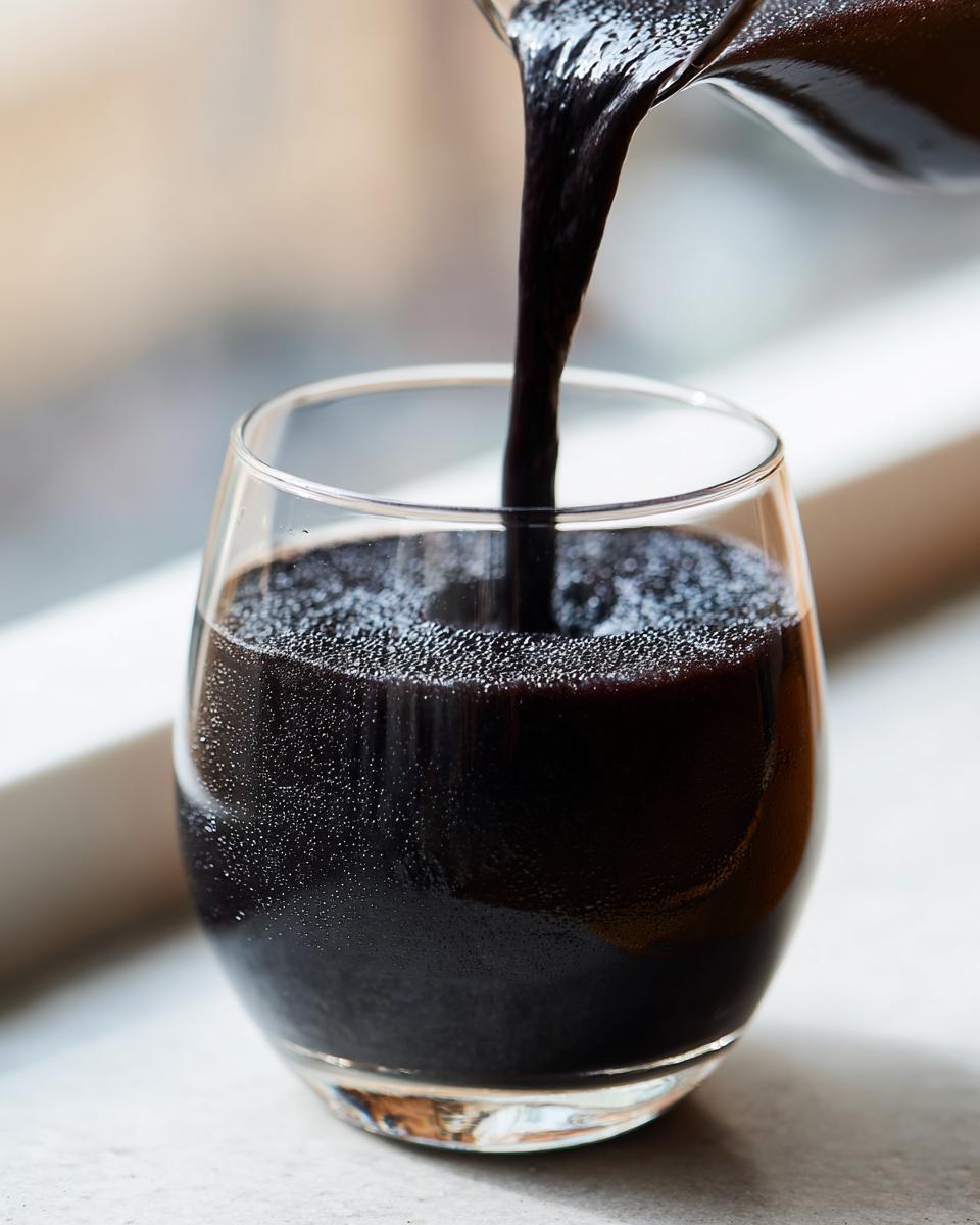 Close-up of a thick, dark liquid being poured to create a Black Milkshake in a clear glass.