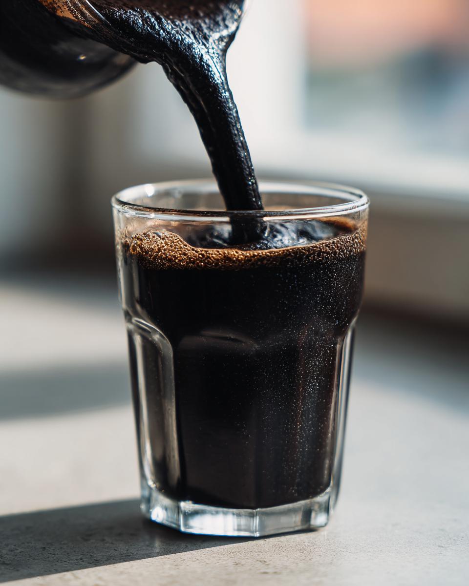 Close-up of a thick, dark Black Milkshake being poured from a container into a clear glass.