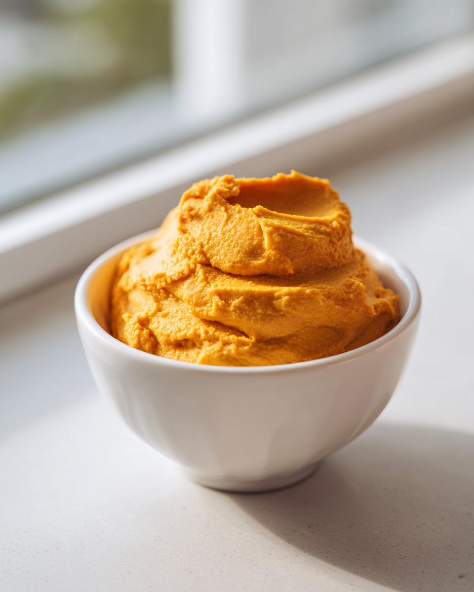A close-up of thick, bright orange Pumpkin Cheesecake Dip swirled in a small white bowl.