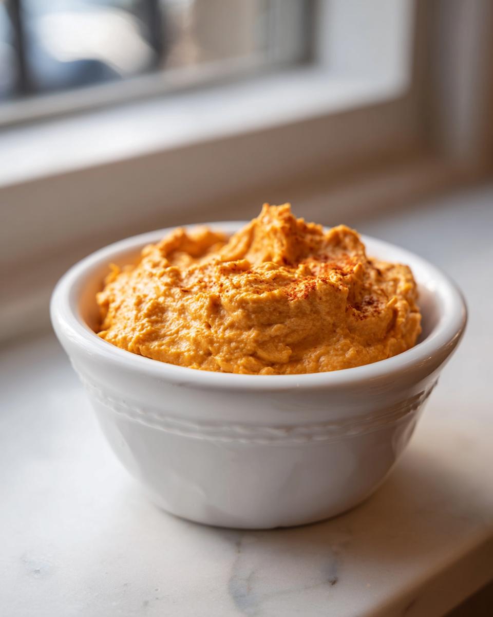 A close-up of rich, orange Pumpkin Cheesecake Dip served in a small white bowl, lightly dusted with spice.