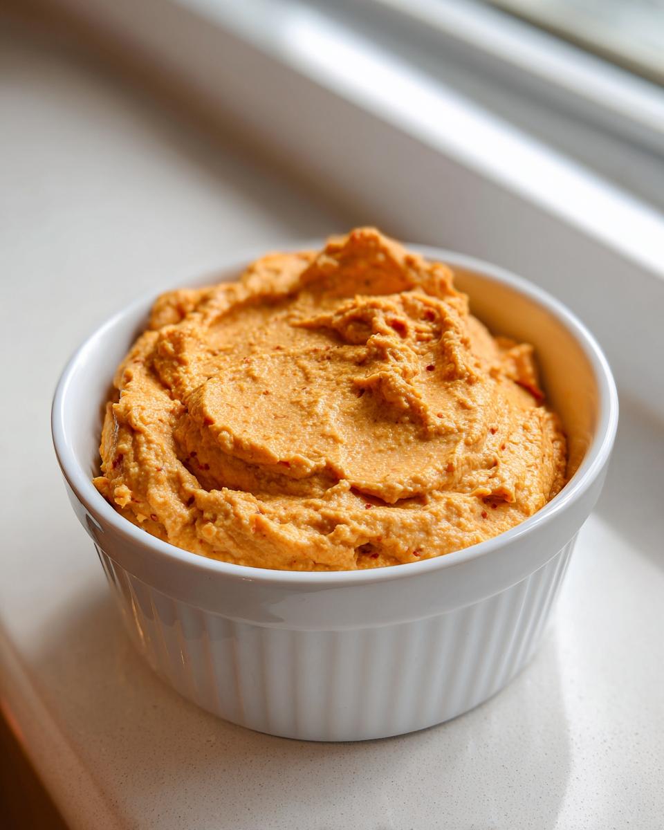 A close-up of creamy orange Pumpkin Cheesecake Dip served in a small, white, ribbed ramekin.