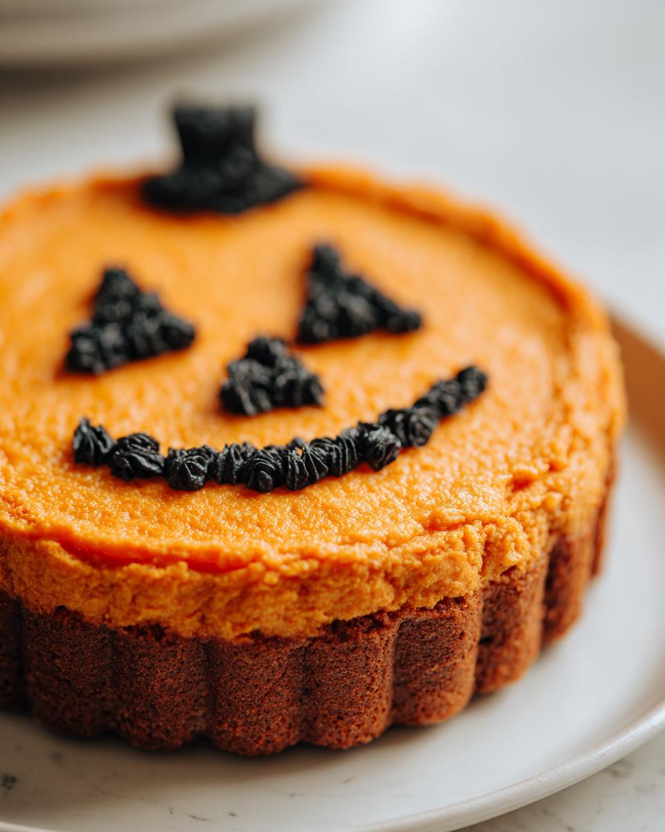 A single, small Pumpkin Cheesecake Jack O Lantern dessert with black piped features on a white plate.