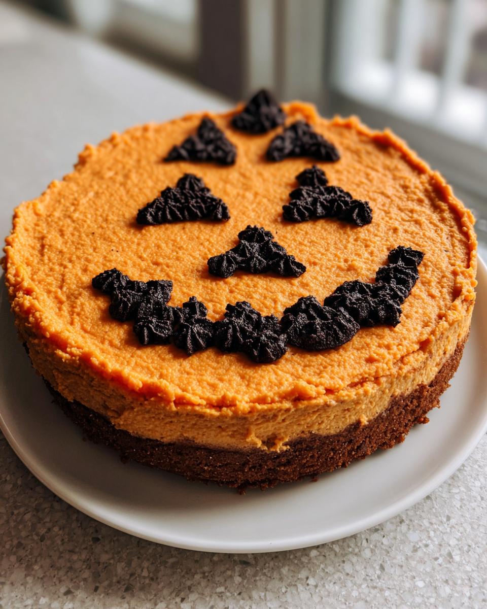 Close-up of a round Pumpkin Cheesecake Jack O Lantern with dark cookie pieces forming the face.