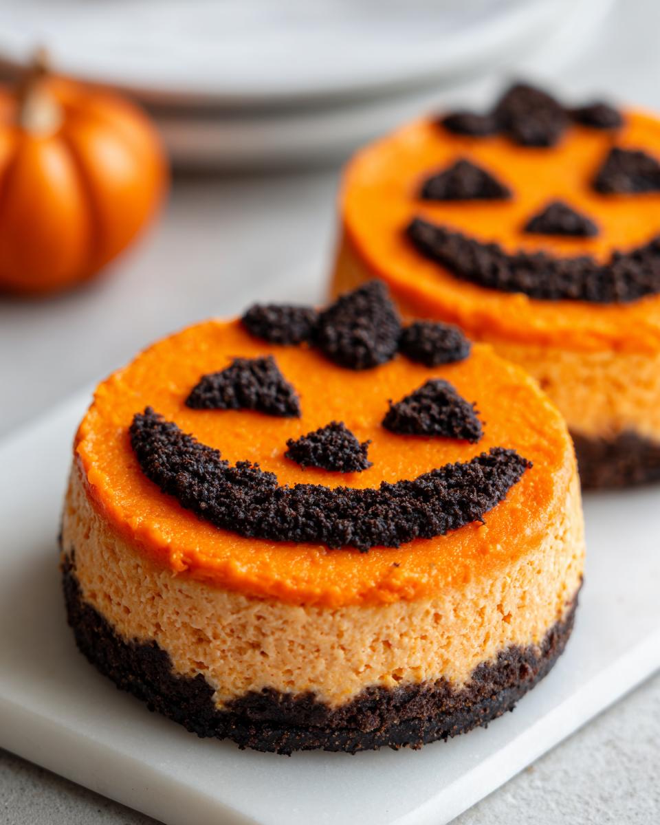 Two individual Pumpkin Cheesecake Jack O Lanterns decorated with dark cookie crumbs for faces, sitting on a white surface.