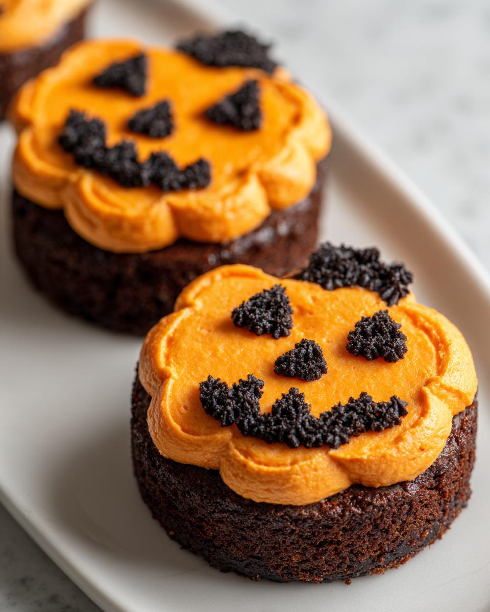 Two individual dark chocolate desserts topped with orange frosting shaped like a pumpkin face, resembling Pumpkin Cheesecake Jack O Lanterns.