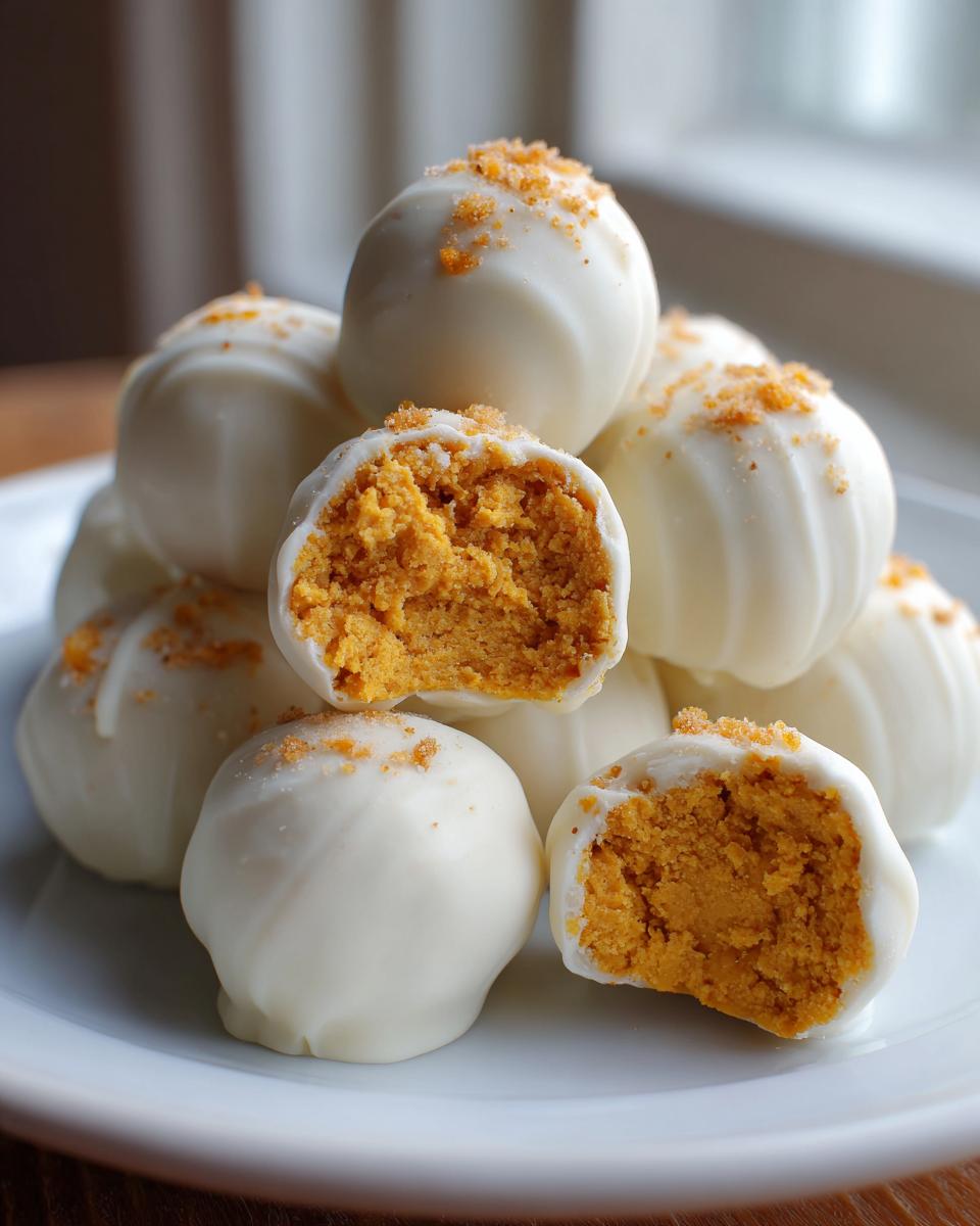 A pile of white chocolate covered Pumpkin Cheesecake Truffles, one cut open revealing the orange pumpkin filling.
