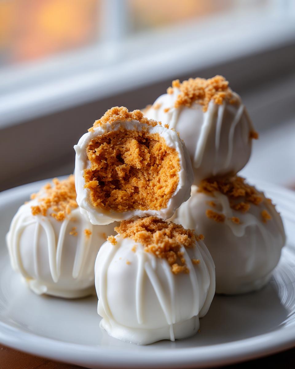 Close-up of white chocolate Pumpkin Cheesecake Truffles, one cut open revealing the orange filling and graham cracker topping.