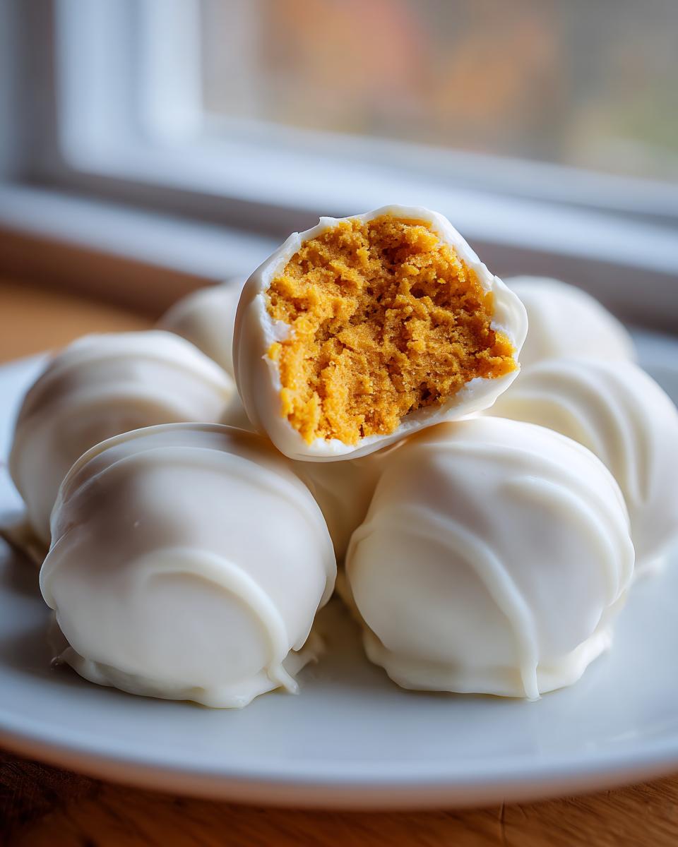 Close-up of several white chocolate covered Pumpkin Cheesecake Truffles, one is bitten open revealing the orange pumpkin filling.