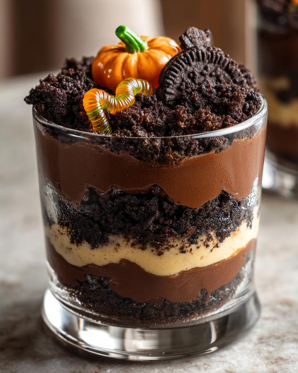 A layered Pumpkin Patch Dirt Cups dessert in a glass with chocolate pudding, crushed cookies, and a gummy worm.
