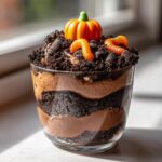 A layered dessert featuring chocolate pudding and crushed cookies, topped with a candy pumpkin and gummy worms, representing Pumpkin Patch Dirt Cups.