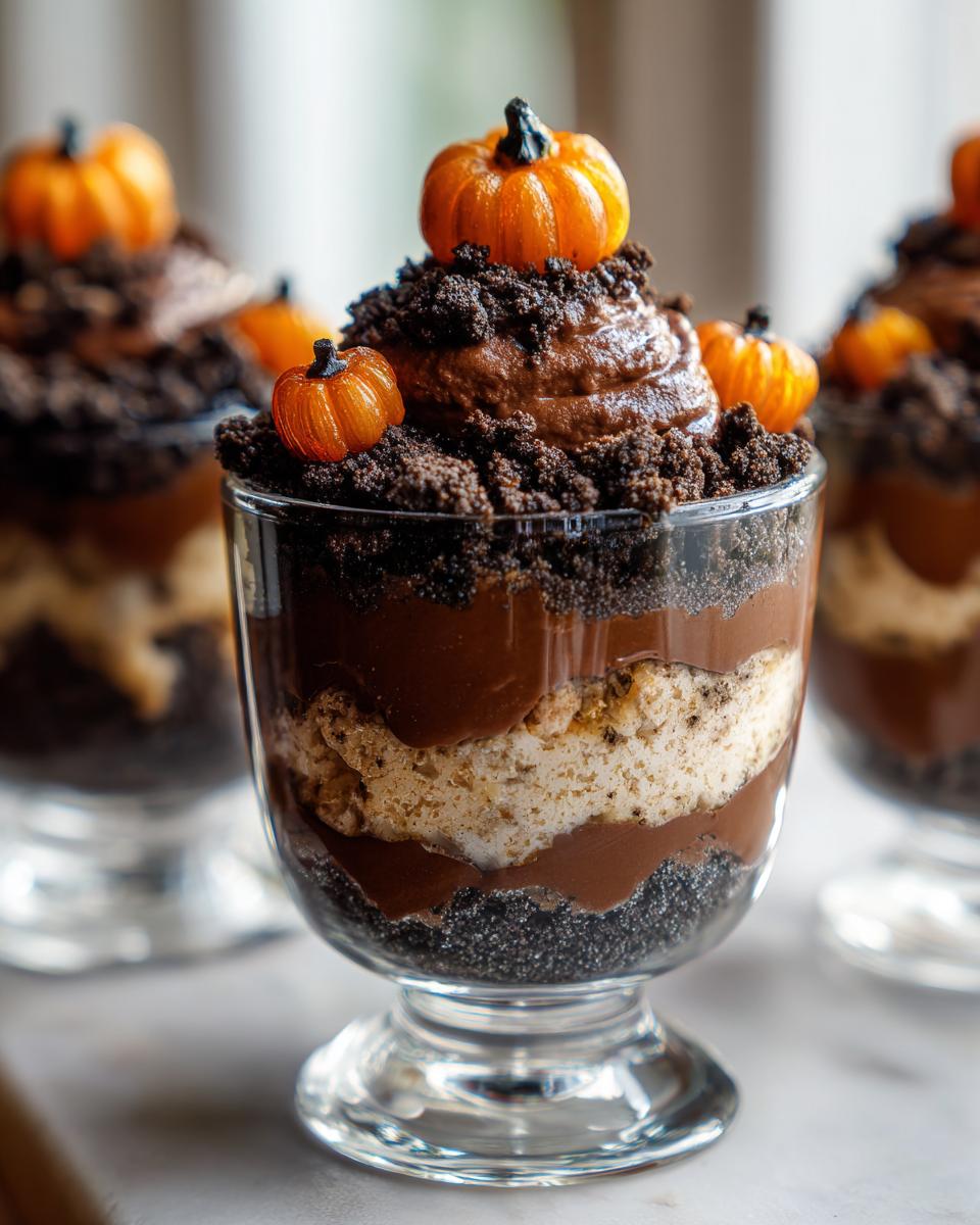 Close-up of a layered Pumpkin Patch Dirt Cups dessert topped with chocolate mousse and mini candy pumpkins.