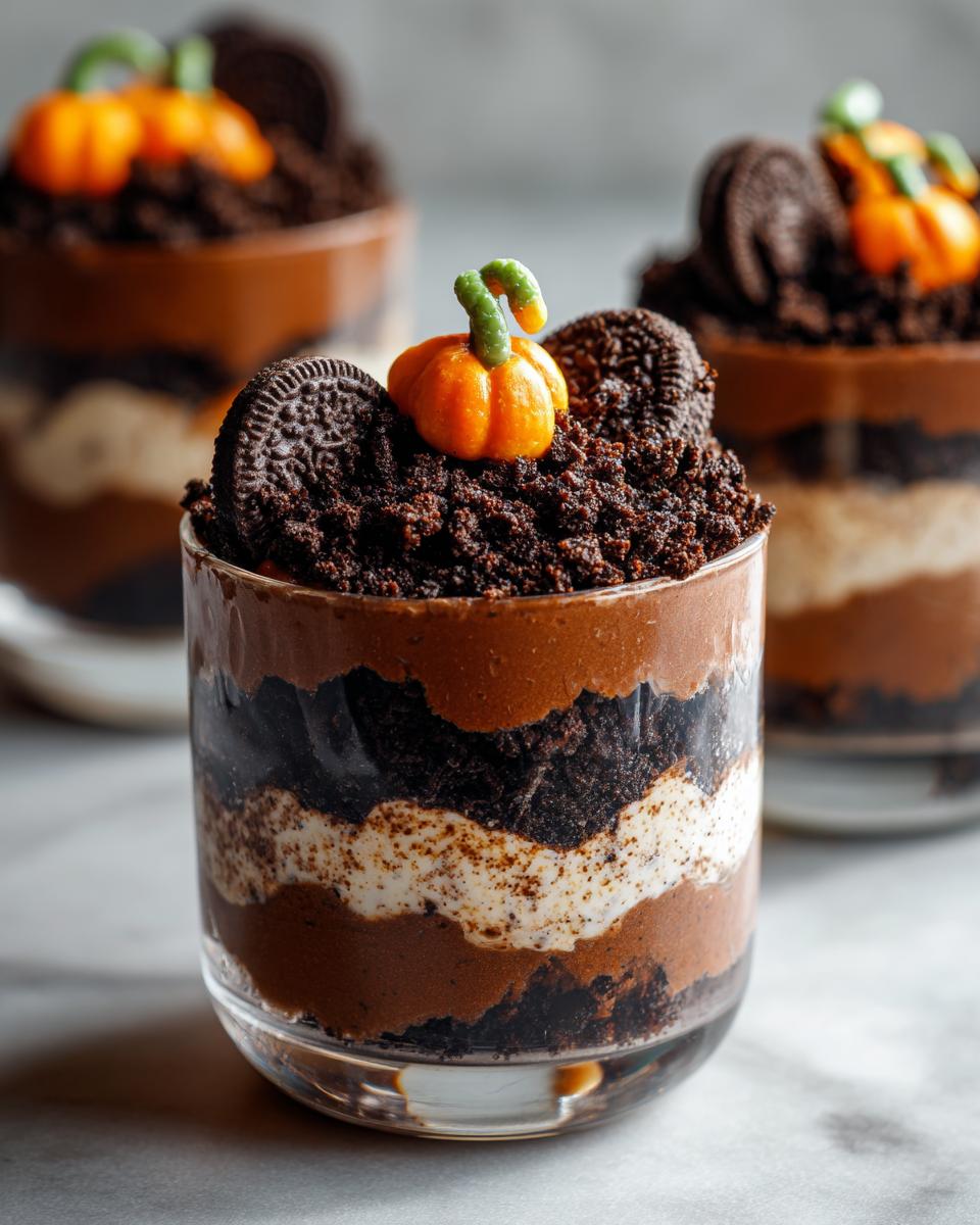 Close-up of a layered Pumpkin Patch Dirt Cups dessert topped with crushed cookies and a small candy pumpkin.