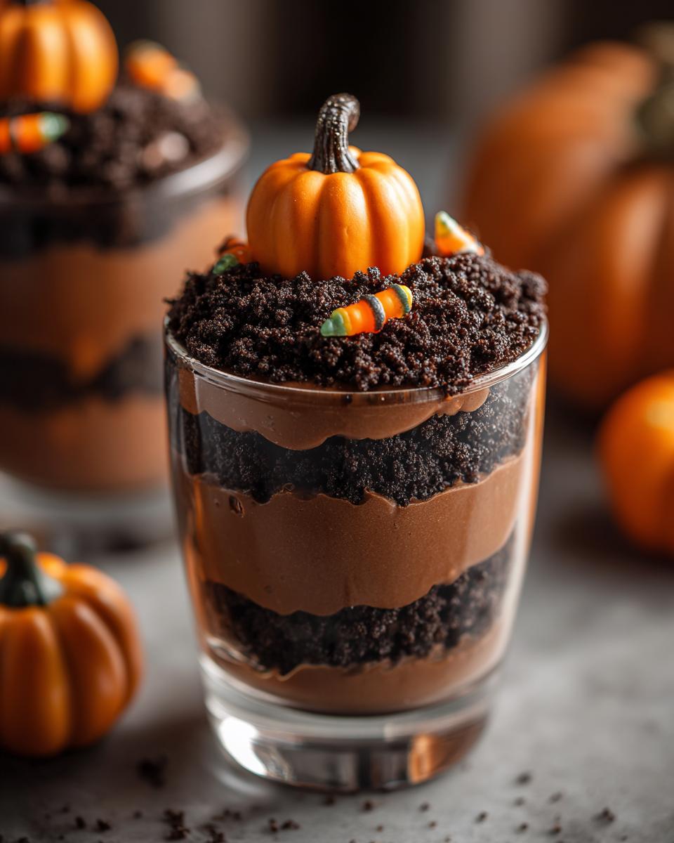 A close-up of a layered Pumpkin Patch Dirt Cups dessert topped with chocolate 'dirt' and a small candy pumpkin.
