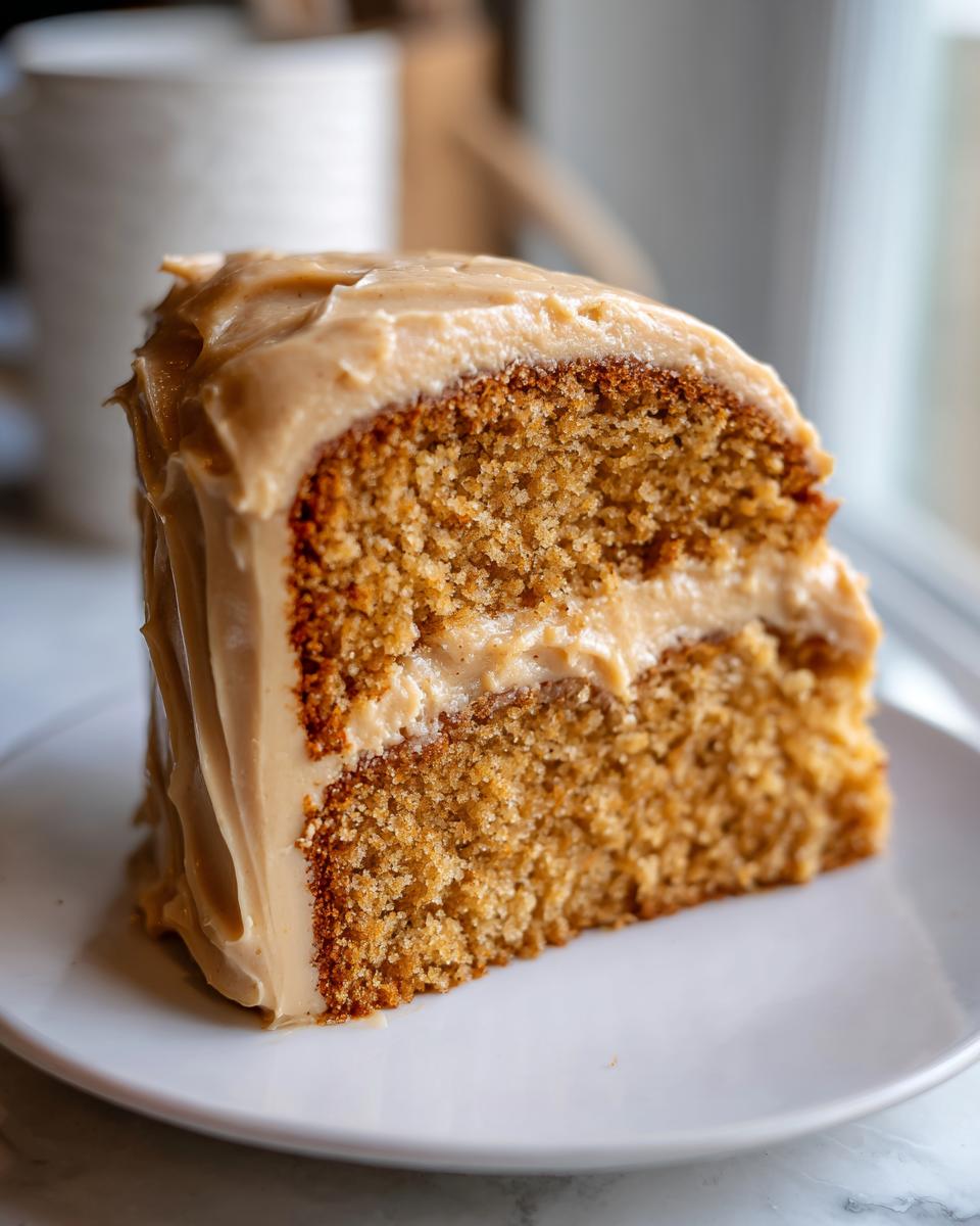Close-up of a moist slice of Pumpkin Spice Latte Cake with thick, creamy frosting.