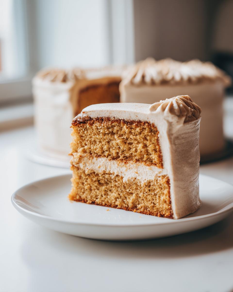 A close-up slice of moist Pumpkin Spice Latte Cake showing two layers and creamy frosting, with the rest of the cake blurred in the background.