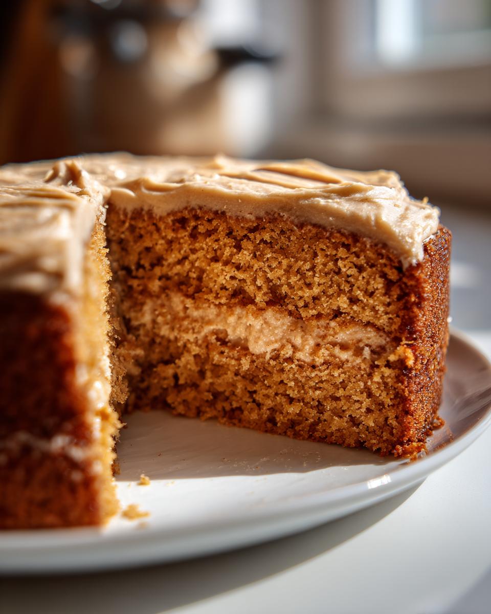 Close-up of a slice cut from a Pumpkin Spice Latte Cake showing the moist crumb and coffee-colored frosting.