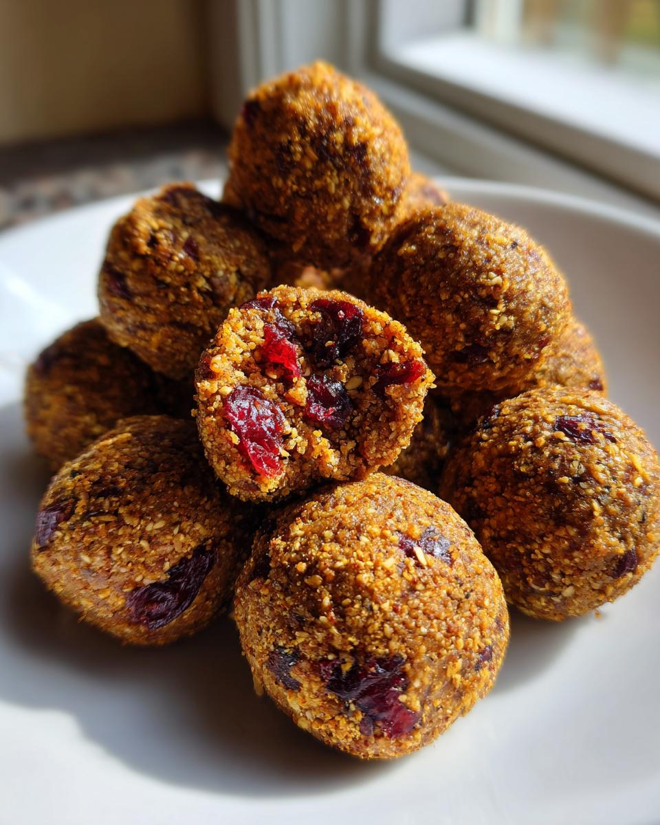 A stack of Raw Gingerbread Cranberry Bites on a white plate, one is broken open showing dried cranberries inside.