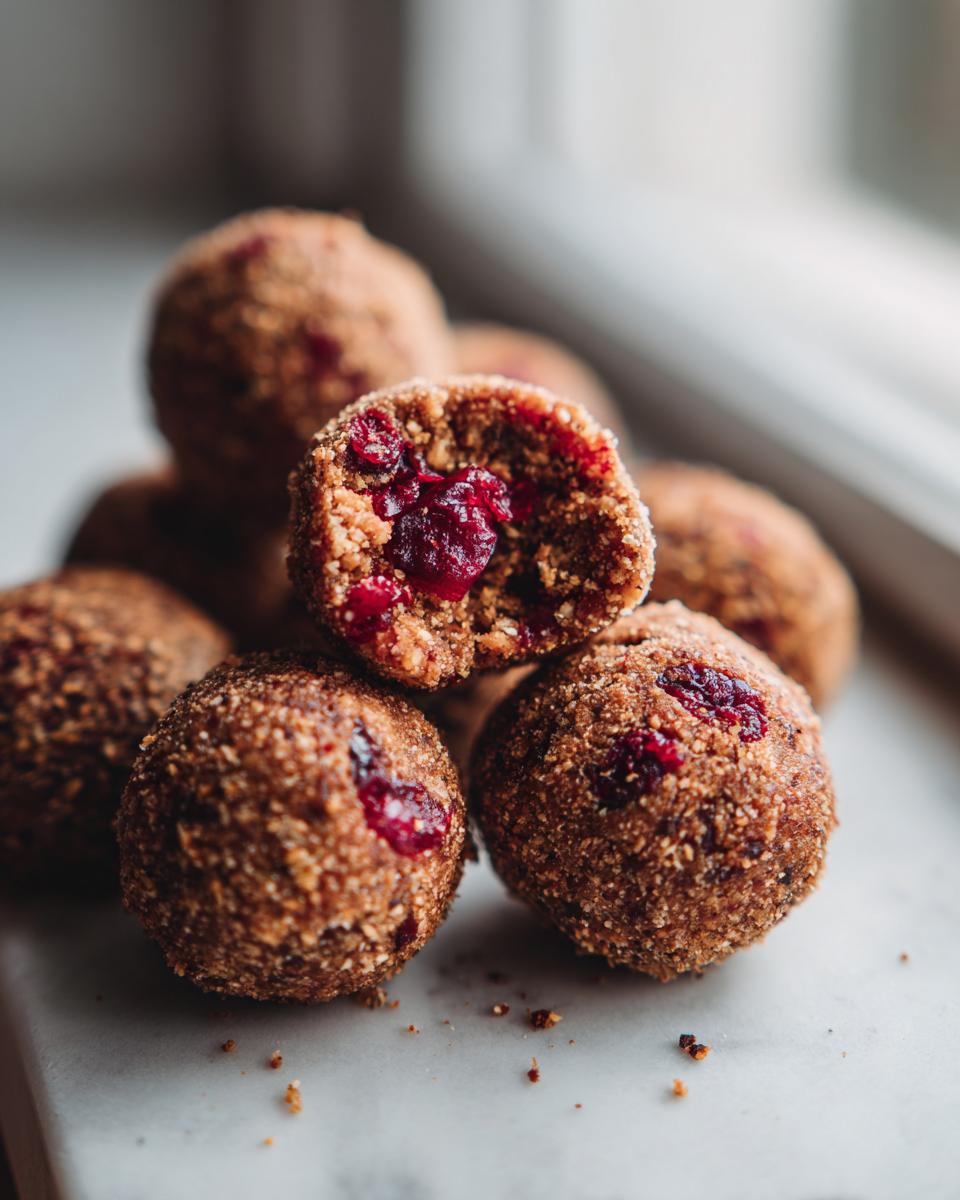 A close-up stack of Raw Gingerbread Cranberry Bites, one cut open revealing dried cranberries inside.