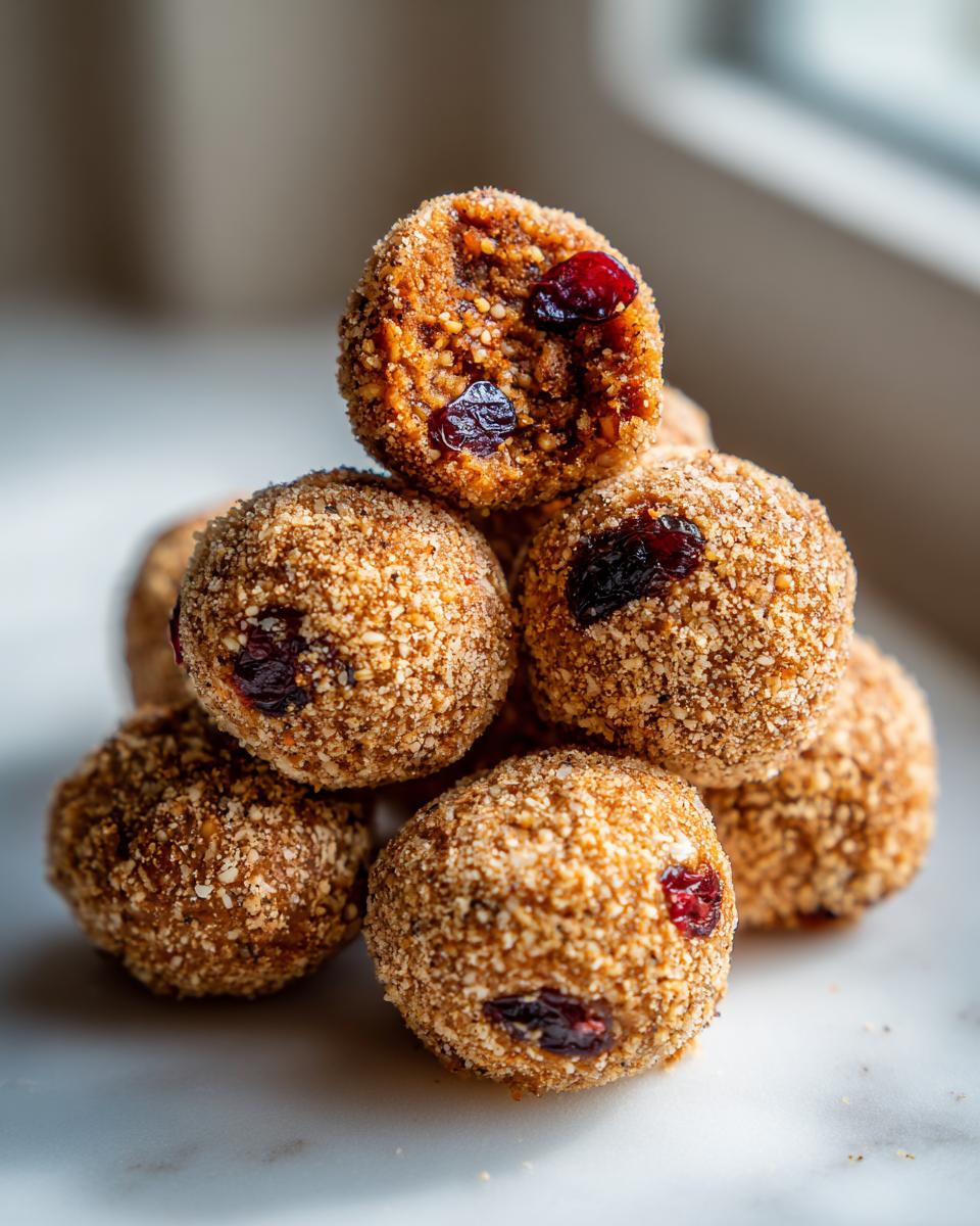 A close-up stack of Raw Gingerbread Cranberry Bites coated in fine crumbs and featuring visible dried cranberries.