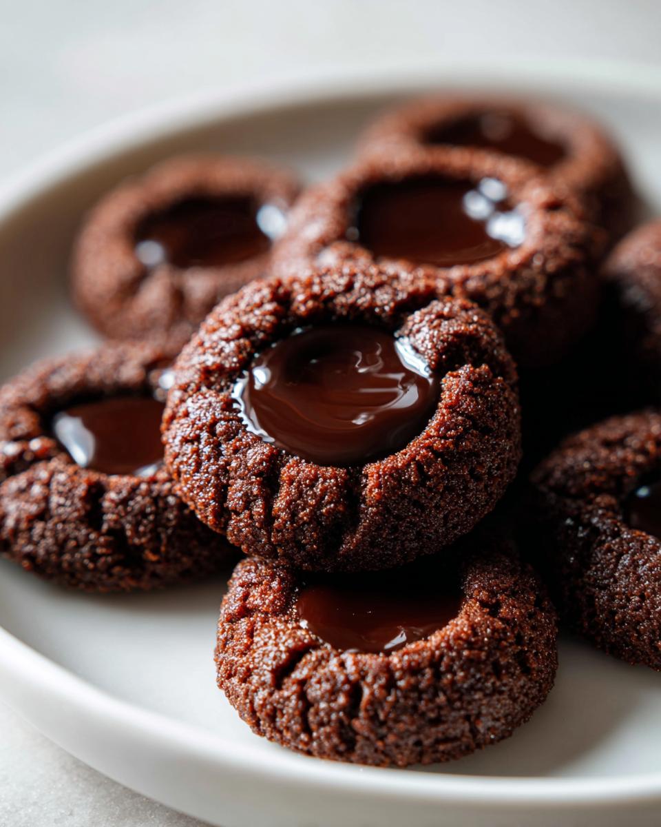 A close-up of several dark, rich Chocolate Thumbprint Cookies filled with gooey melted chocolate.