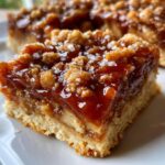 A close-up of a single square of Salted Caramel Apple Bars, showing the shortbread crust, apple layer, and gooey caramel topping sprinkled with sea salt.