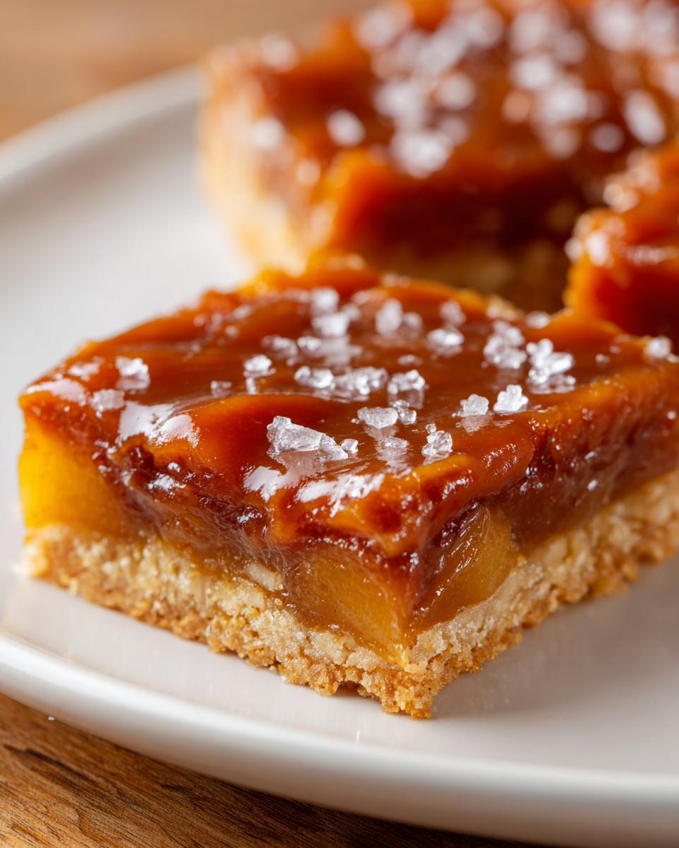 A close-up of a square Salted Caramel Apple Bars slice with a thick caramel topping sprinkled with flaky sea salt.