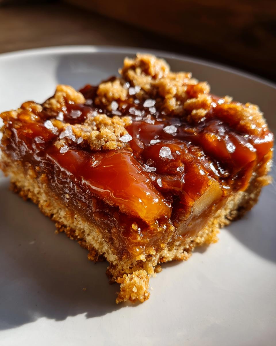 A single square of Salted Caramel Apple Bars featuring a thick, glossy caramel layer and coarse sea salt on top.