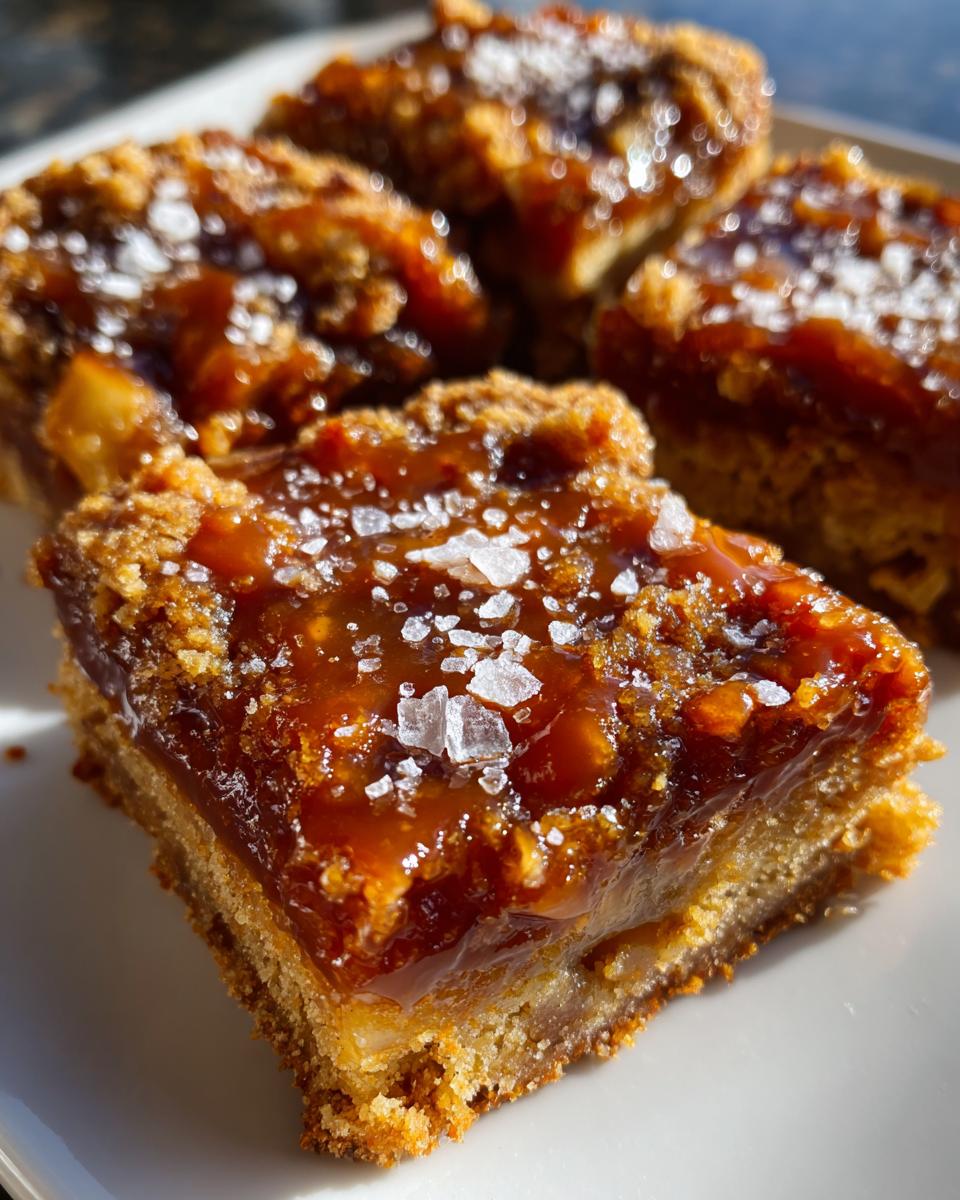 Close-up of a square Salted Caramel Apple Bars slice, topped with glossy caramel and large flakes of sea salt.