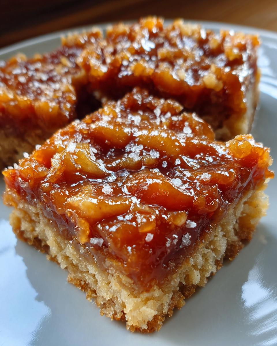 Close-up of a square portion of Salted Caramel Apple Bars showing a thick, gooey caramel apple topping sprinkled with flaky sea salt over a shortbread base.