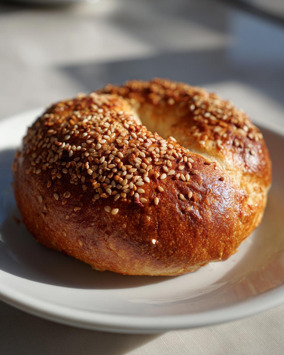 A single, golden-brown sesame Monster Bagel resting on a white plate in bright sunlight.