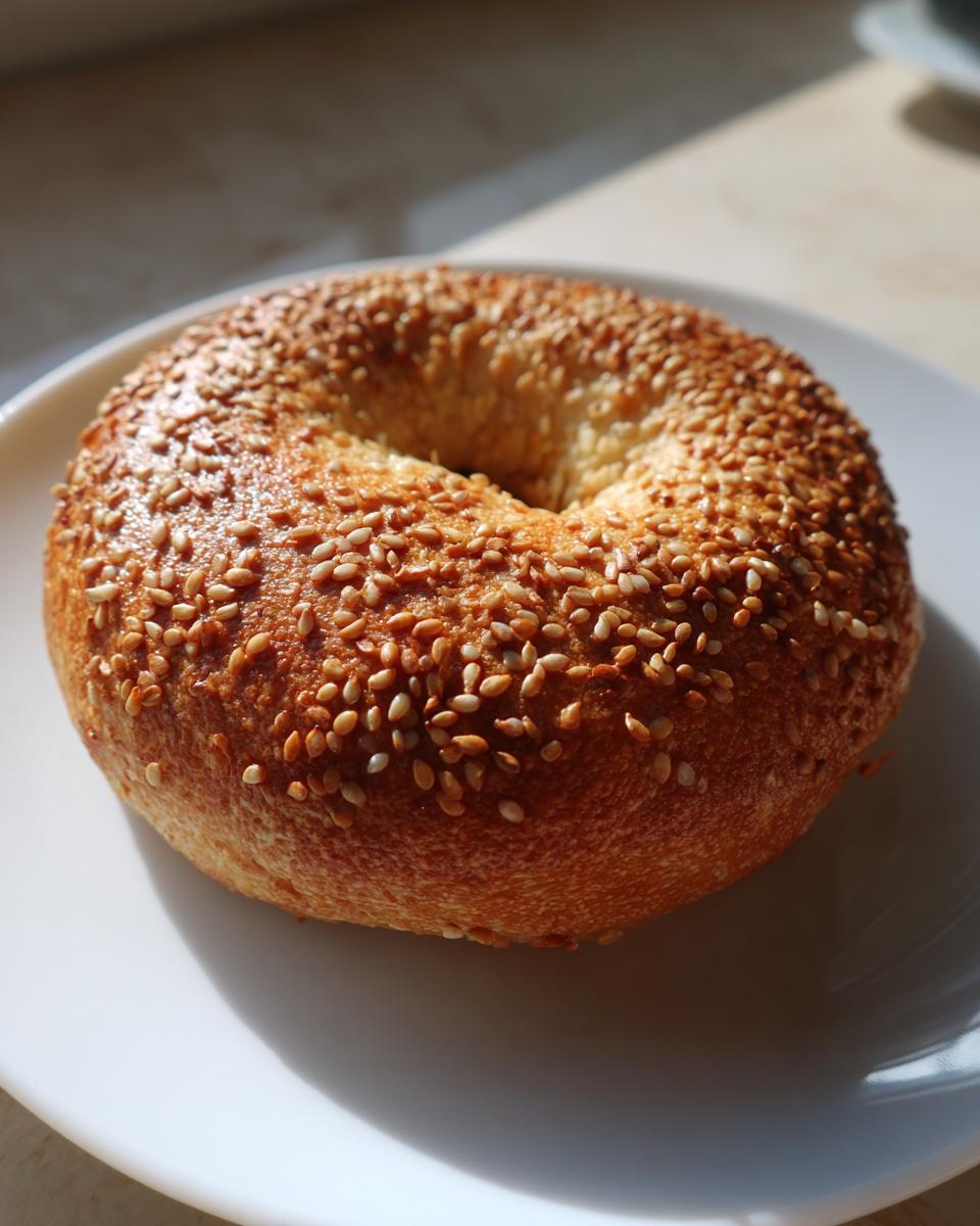 A single, golden-brown sesame-topped Monster Bagels resting on a white plate, highlighted by bright sunlight.