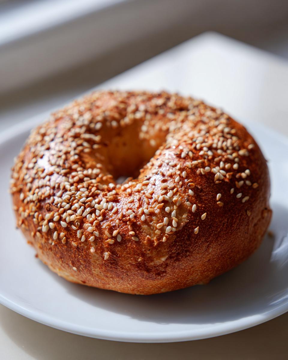 A perfectly baked, golden brown Monster Bagels topped generously with sesame seeds, resting on a white plate.