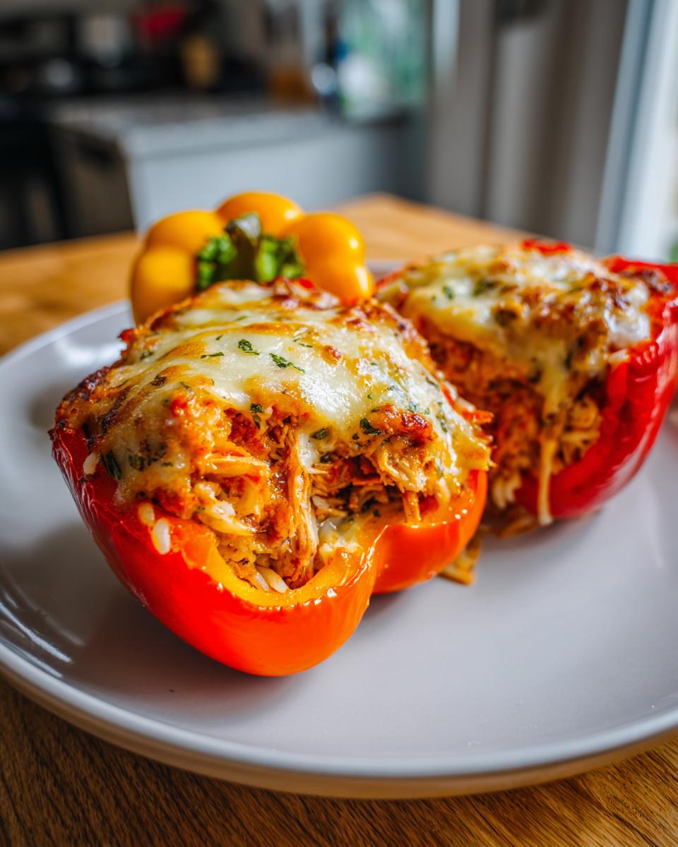 Two halves of baked red bell peppers filled with Shredded Chicken Rice Stuffed mixture and topped with melted cheese.