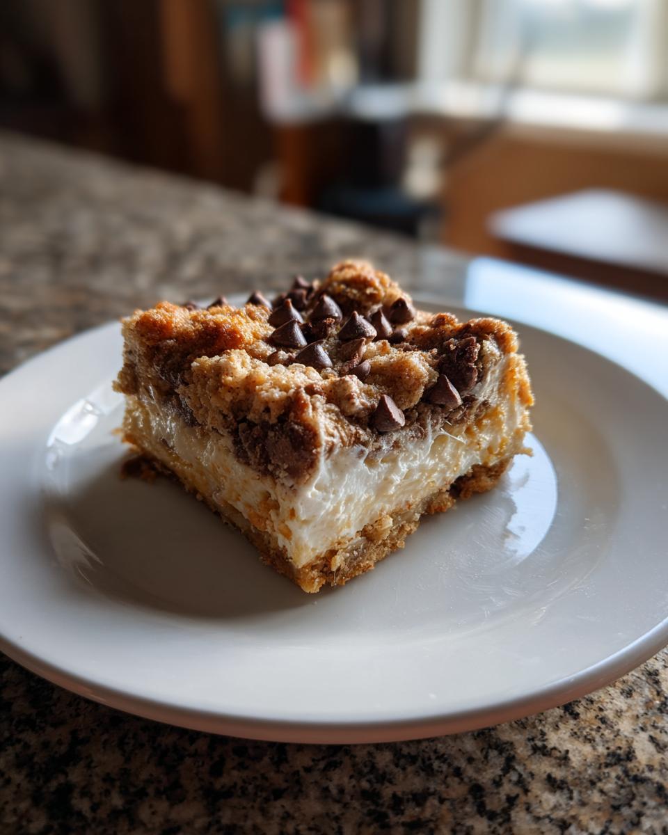 A square slice of Cannoli Squares dessert with a creamy filling and chocolate chip topping.