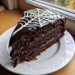 A decadent slice of Spiderweb Chocolate Cake featuring dark layers and white icing spiderweb design.