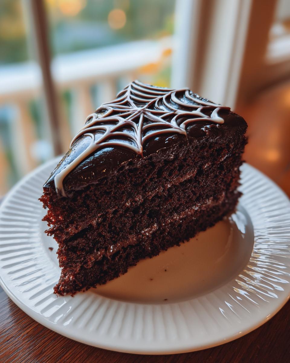 A rich slice of Spiderweb Chocolate Cake featuring dark layers and a white piped spiderweb design on top.