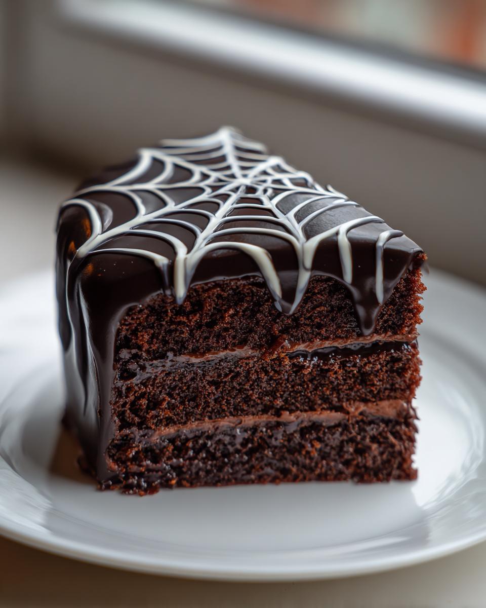 A decadent slice of Spiderweb Chocolate Cake featuring dark layers and white icing spiderweb design.