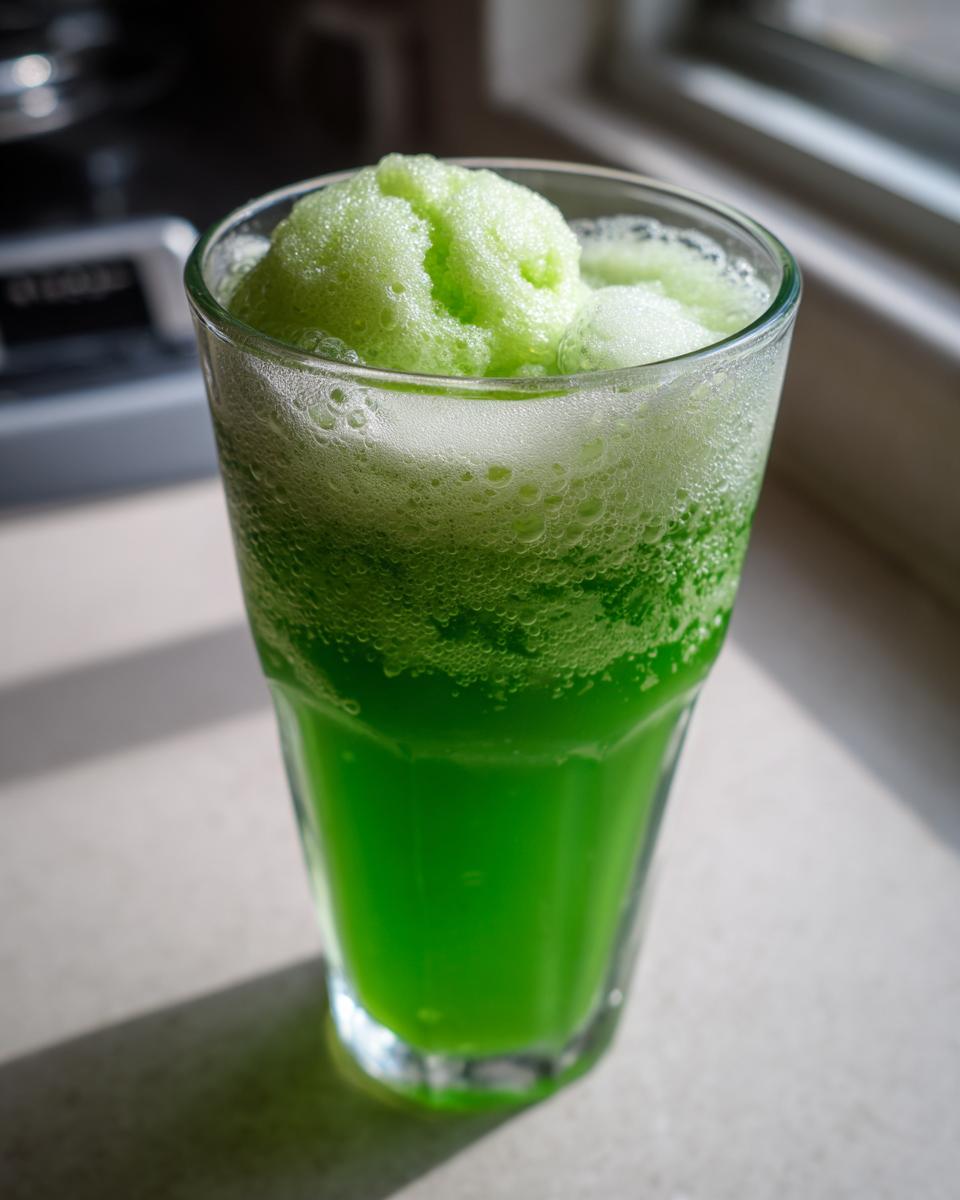 Close-up of a vibrant green Slime Punch Mocktail topped with bright green, frothy foam.