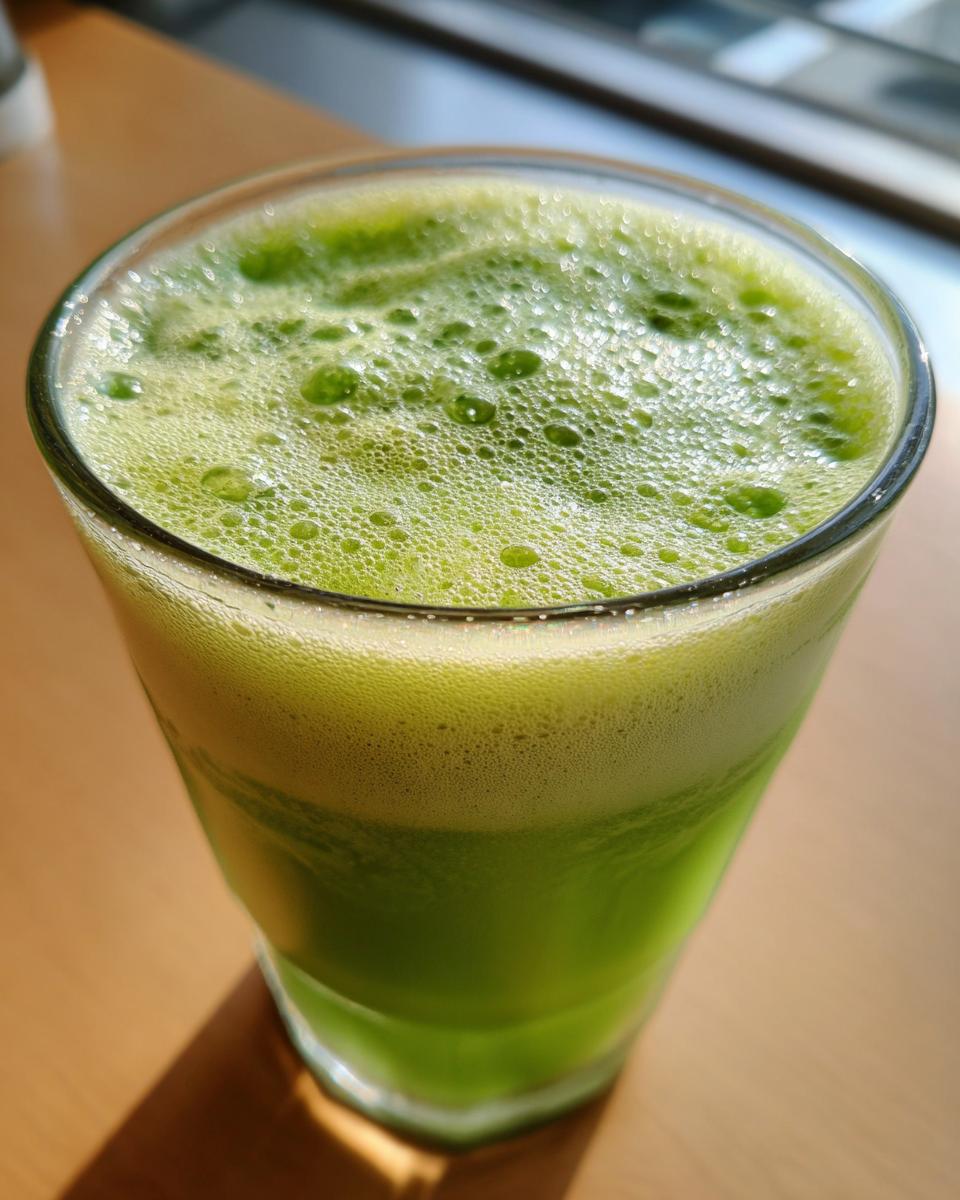Close-up of a bright green, frothy Slime Punch Mocktail served in a clear glass on a wooden surface.