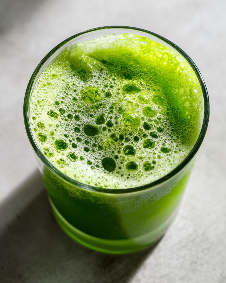 Overhead close-up of a vibrant green Slime Punch Mocktail topped with thick, bubbly foam in a clear glass.