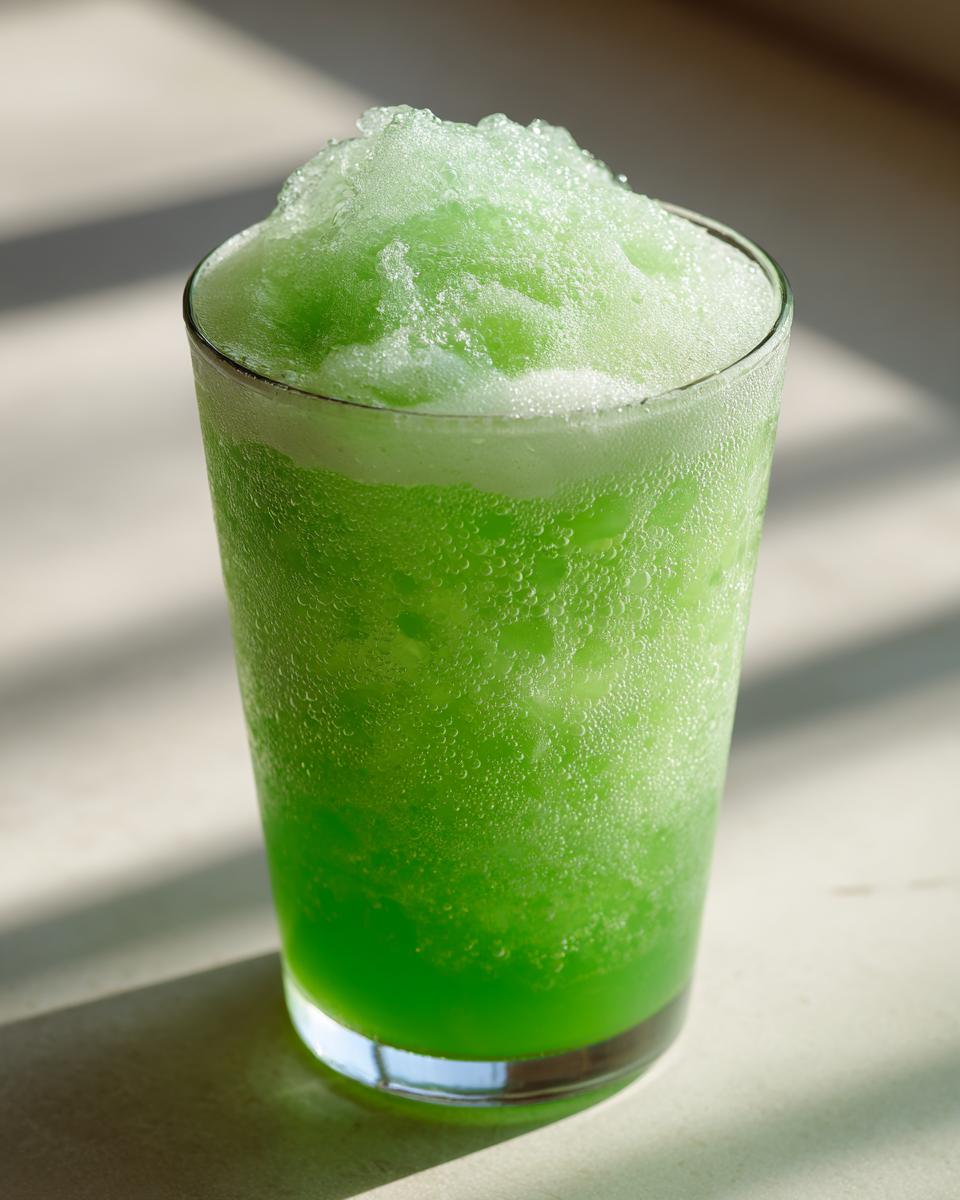 A tall glass filled with a vibrant, bright green Slime Punch Mocktail topped with icy slush.