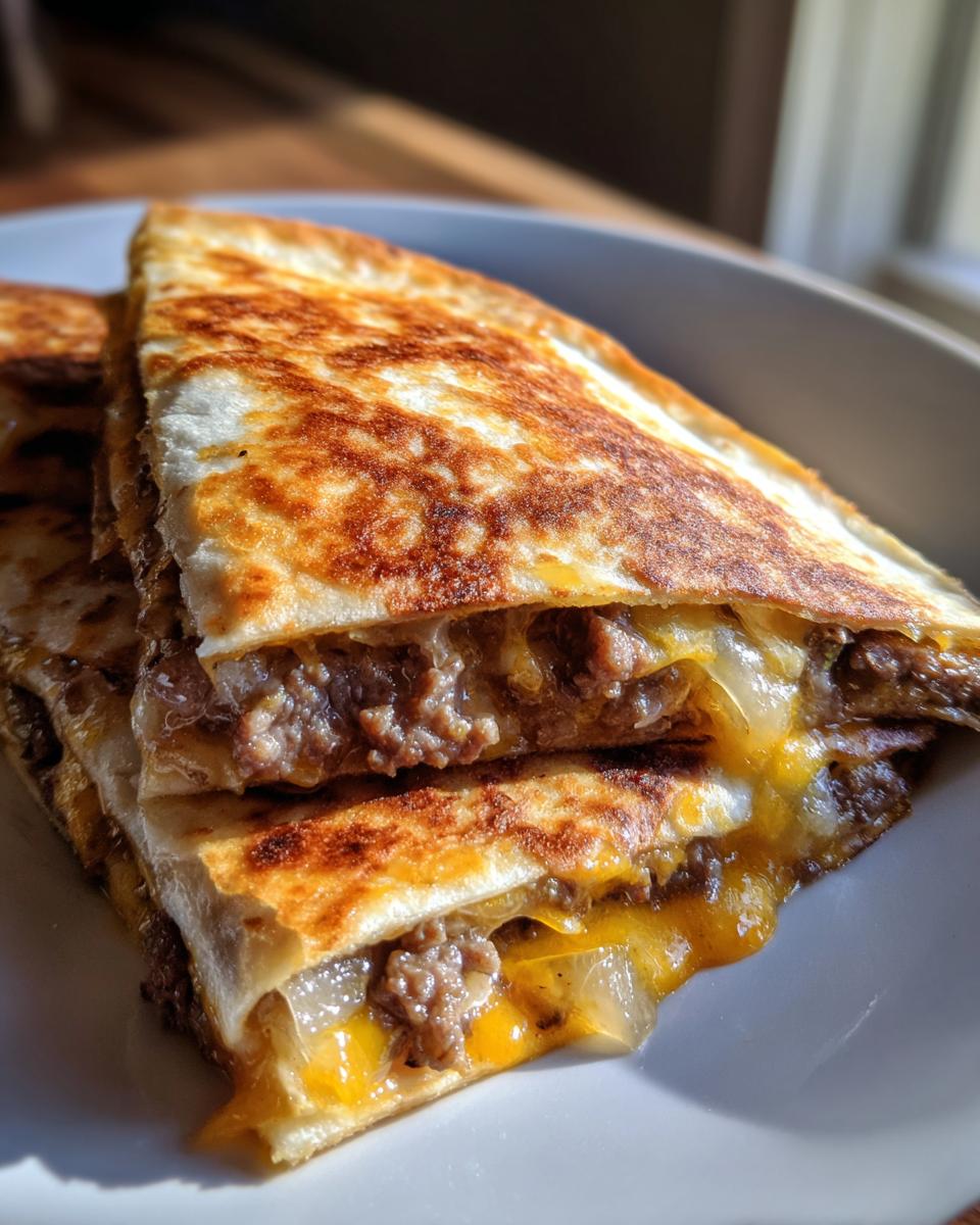 Close-up of golden brown Smashburger Quesadillas slices showing melted cheese and seasoned ground beef filling.