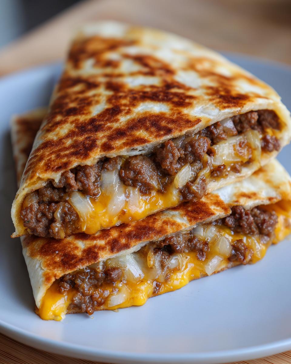 Two stacked slices of golden-brown Smashburger Quesadillas filled with seasoned ground beef, onions, and melted cheddar cheese.