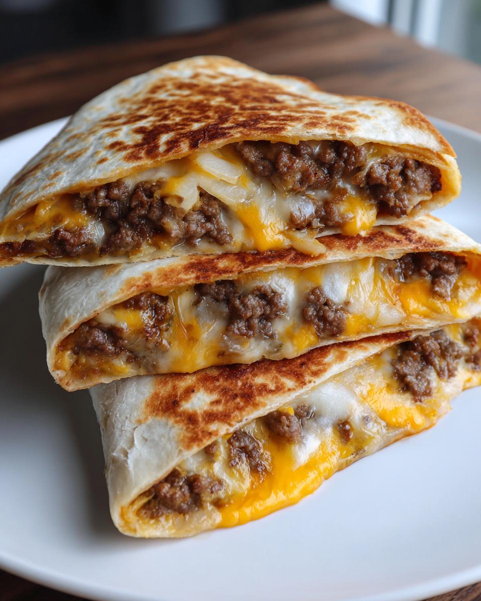 Close-up of three stacked Smashburger Quesadillas halves showing melted cheese and seasoned ground beef filling.