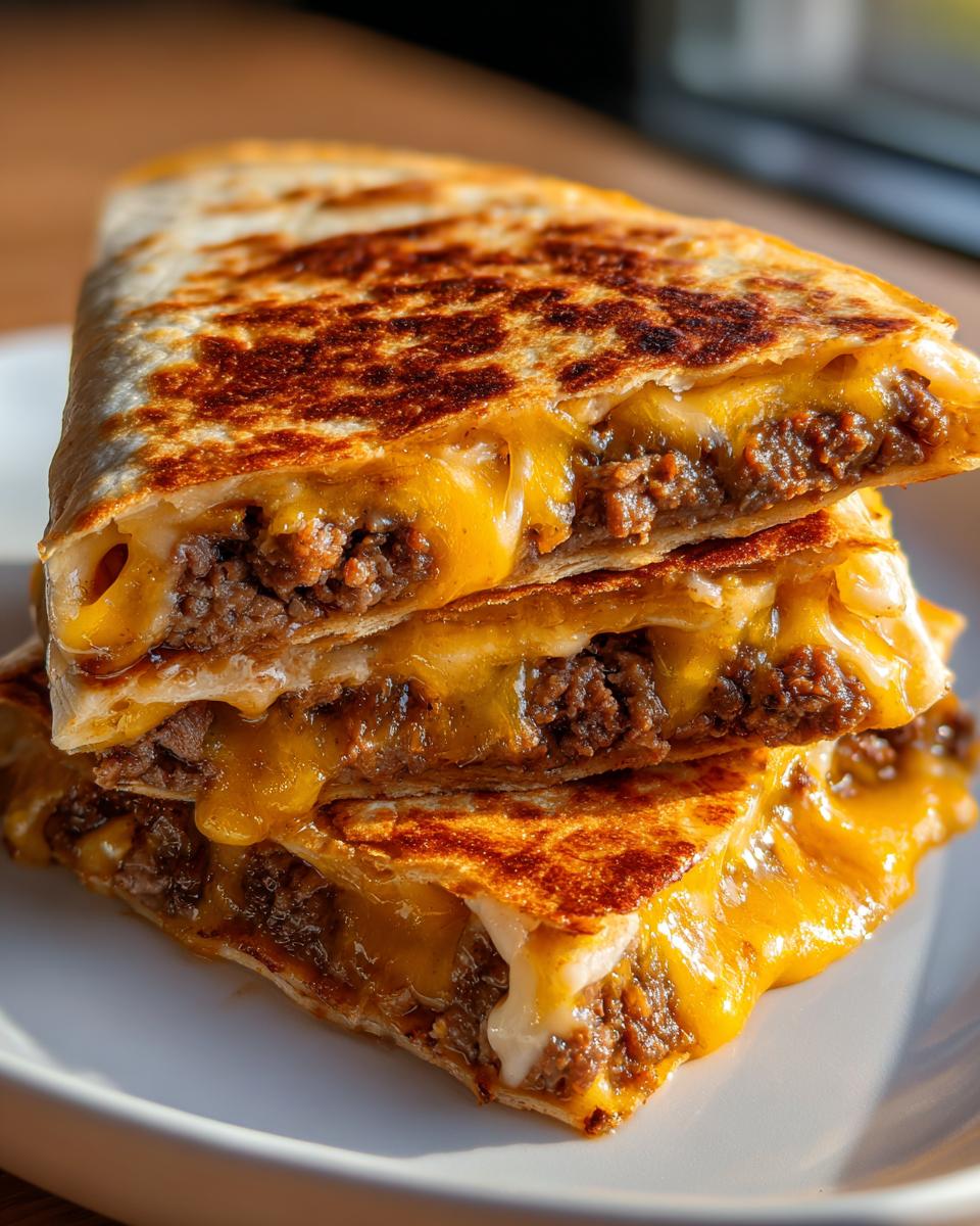 Close-up of three stacked Smashburger Quesadillas halves oozing with melted cheddar cheese and seasoned ground beef.