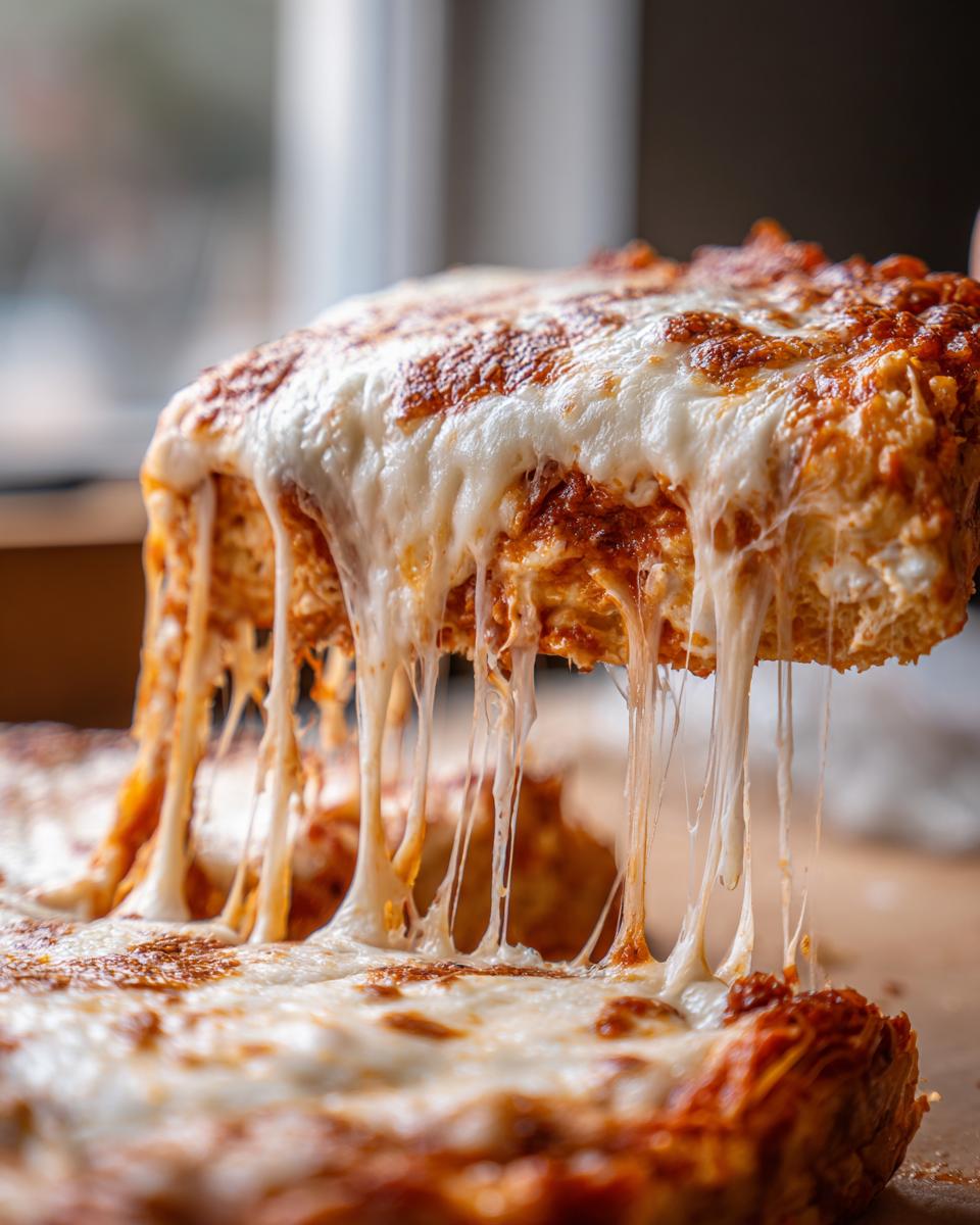 A slice of cheesy Spaghetti Brain Bake being lifted, showing long, dramatic cheese pulls.